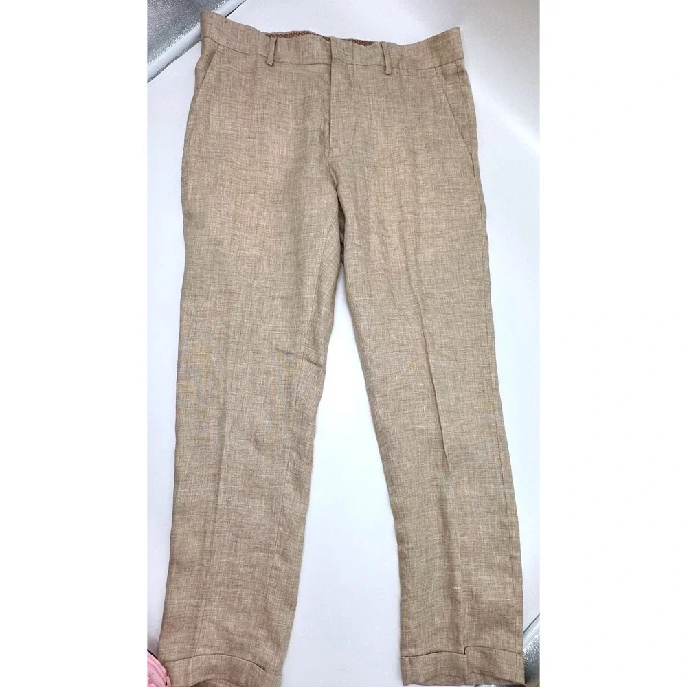 Murano Baird McNutt Linen Pants Mens 32x30 Alex Fit Tan Cuffed Dress Trousers